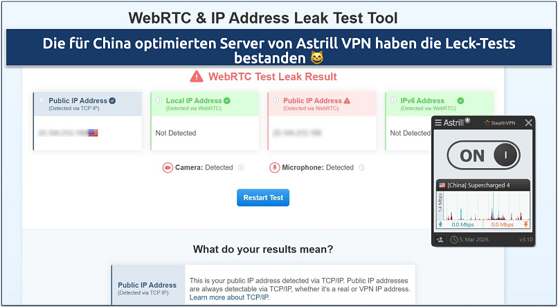 Screenshot showing Astrill VPN passed IP/DNS/WebRTC leak tests
