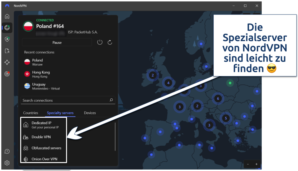 Screenshot of the NordVPN app showing its specialty servers