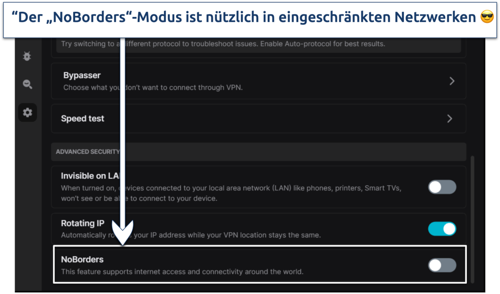 Screenshot showing VPN settings of Surfshark with NoBorders mode highlighted