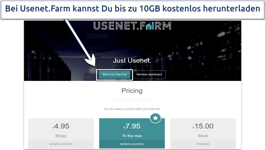 Screenshot, der die kostenlose Testversion und Preise von Usenet.Farm zeigt