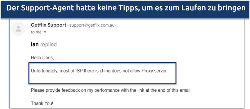 Screenshot einer E-Mail-Antwort, die bestätigt, dass es in China nicht funktioniert