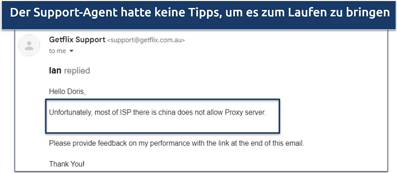 Screenshot einer E-Mail-Antwort, die bestätigt, dass es in China nicht funktioniert