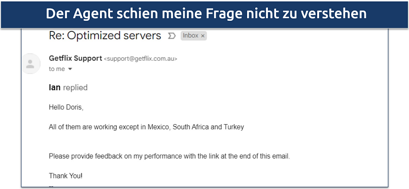 Screenshot einer E-Mail-Antwort vom GetFlix-Kundensupport
