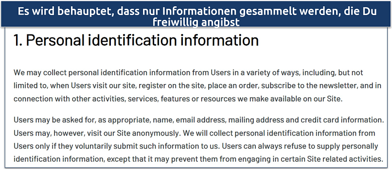 Screenshot der Datenschutzrichtlinie von GetFlix mit den erfassten Daten