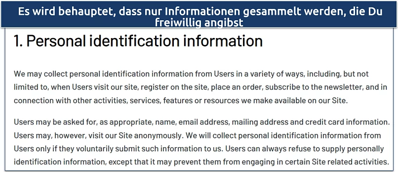 Screenshot der Datenschutzrichtlinie von GetFlix mit den erfassten Daten