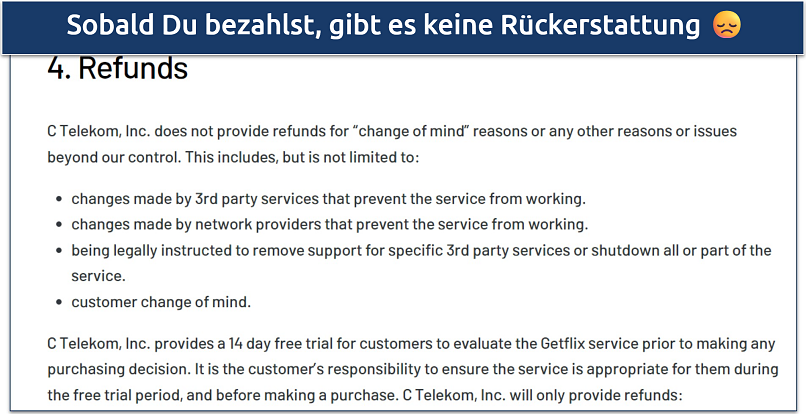 Screenshot einer Seite auf der GetFlix Webseite, die ihre Rückerstattungsrichtlinie zeigt