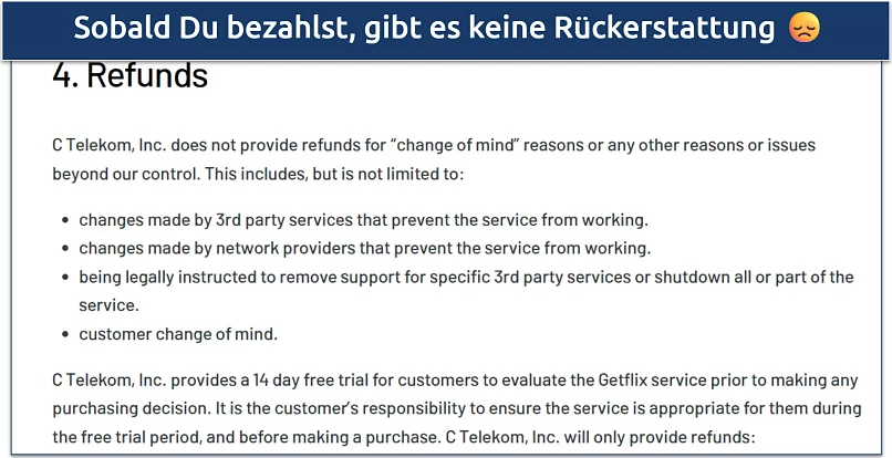Screenshot einer Seite auf der GetFlix Webseite, die ihre Rückerstattungsrichtlinie zeigt