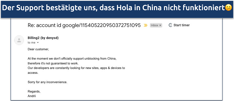 Screenshot der Kundenunterstützung von Hola, die auf eine E-Mail antwortet