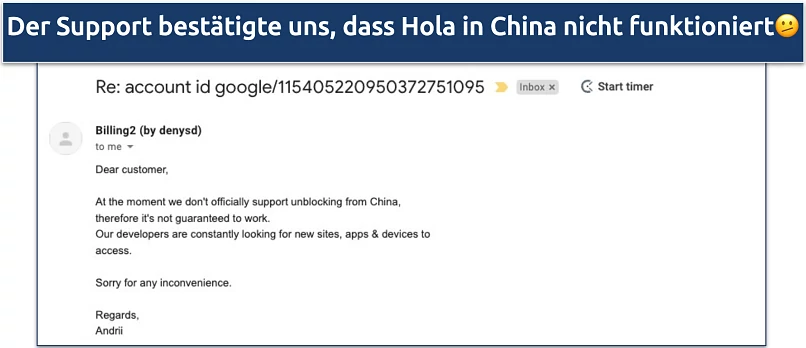 Screenshot der Kundenunterstützung von Hola, die auf eine E-Mail antwortet