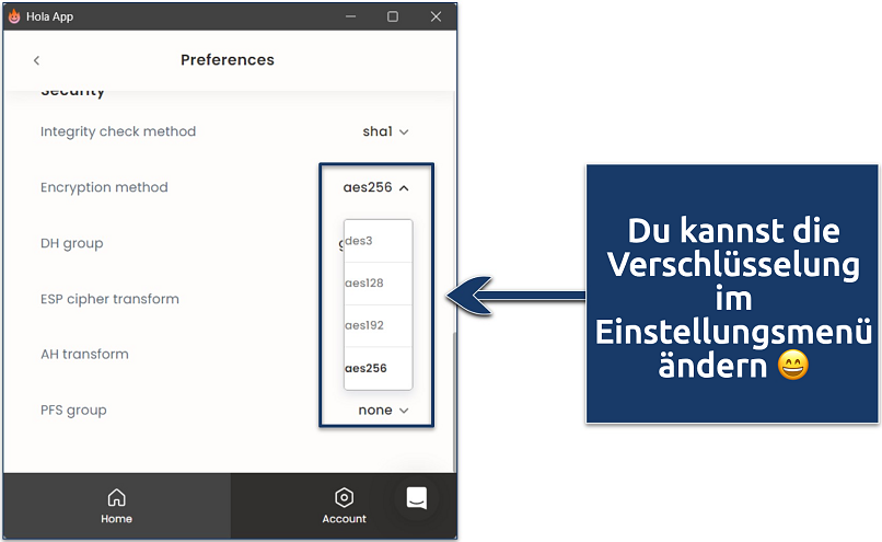 Screenshot, der zeigt, wie man die Verschlüsselung bei Hola ändert