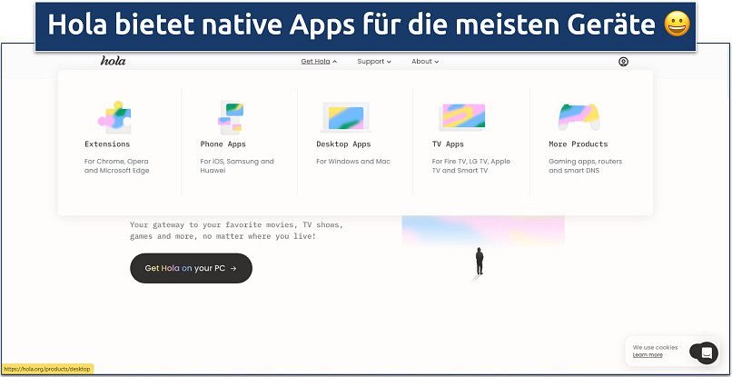 Screenshot der Hola-App-Seite
