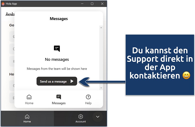 Screenshot zeigt das Nachrichtenfenster in der Hola-App