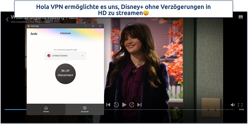 Screenshot von Disney+ Streaming mit verbundenem Hola VPN