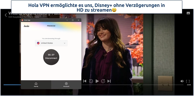 Screenshot von Disney+ Streaming mit verbundenem Hola VPN