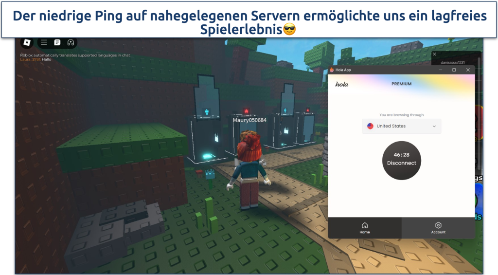 Screenshot des Roblox-Spiels mit verbundenem Hola VPN