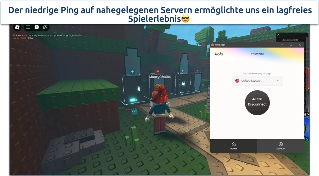Screenshot des Roblox-Spiels mit verbundenem Hola VPN