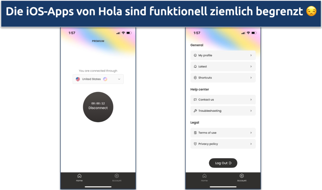 Screenshot der Hola iOS-App