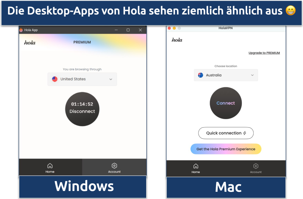 Screenshot der Hola Windows- und Mac-Apps