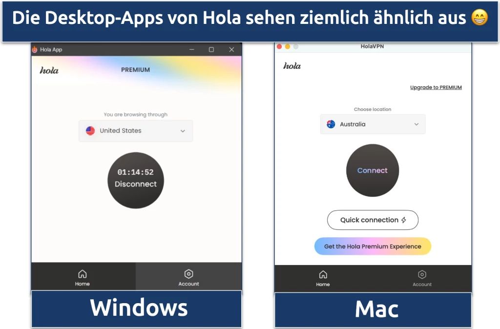 Screenshot der Hola Windows- und Mac-Apps