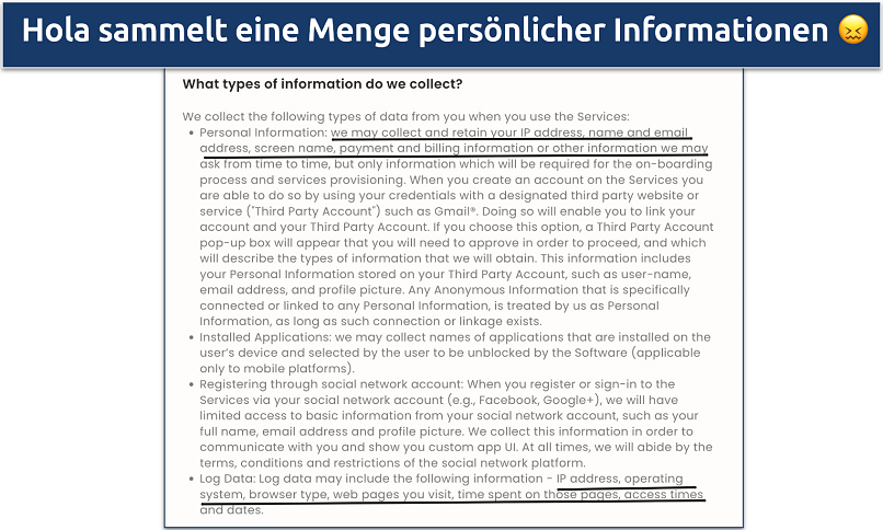 Screenshot von Hola's invasiver Datenschutzrichtlinie