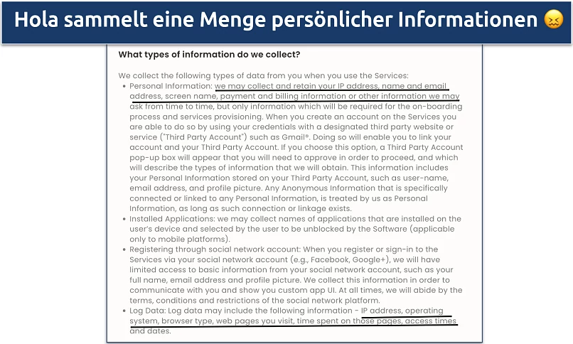 Screenshot von Hola's invasiver Datenschutzrichtlinie