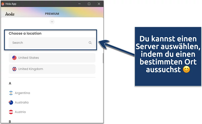 Screenshot zeigt, wie man einen Serverstandort sucht
