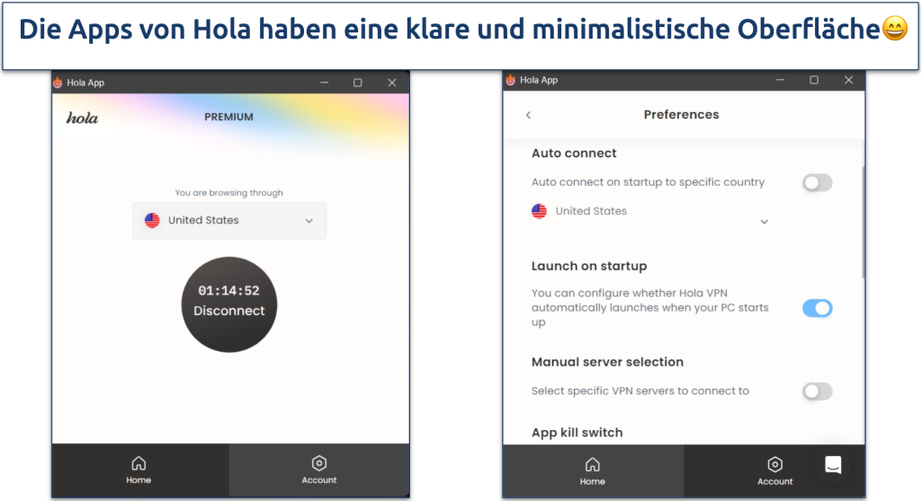 Screenshot der Hola-Benutzeroberfläche