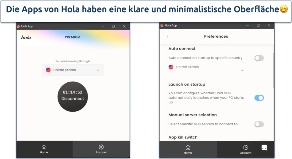Screenshot der Hola-Benutzeroberfläche