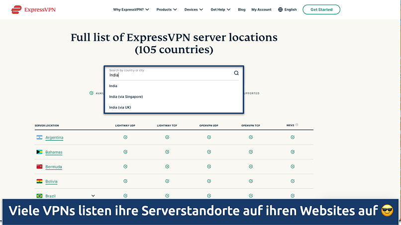 Screenshot of ExpressVPN's server list page