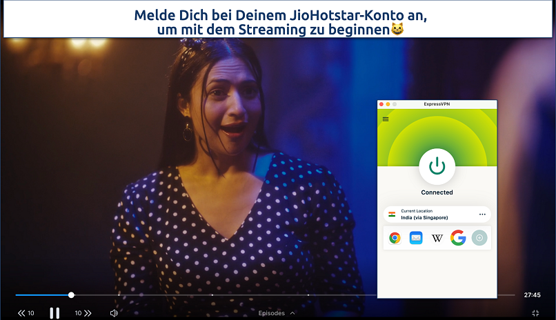 Screenshot of The Magic of Shiri streaming on JioHotstar with ExpressVPN connected