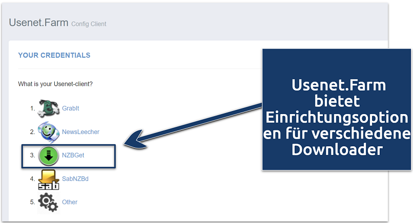Screenshot, der die Anmeldeoptionen von Usenet.Farm zeigt