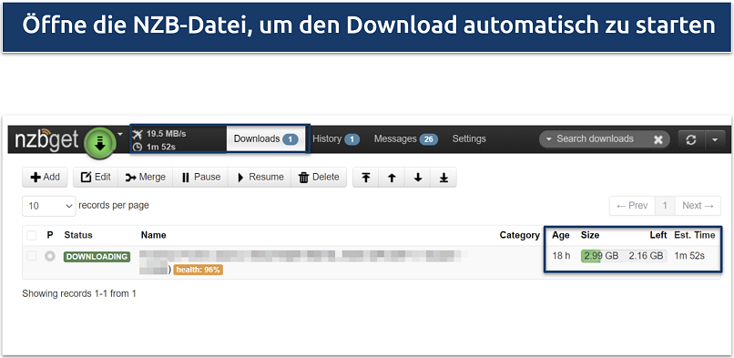 Bild, das das Herunterladen einer Datei über Usenet zeigt