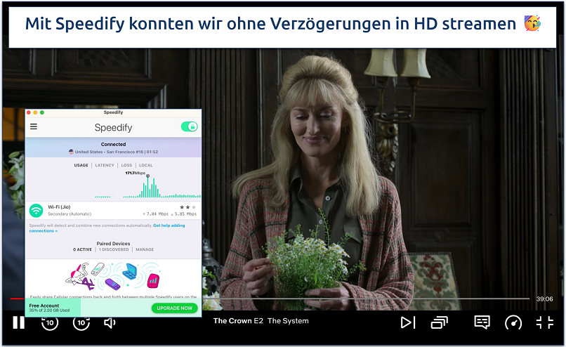 Screenshot of The Crown streaming on Netflix with Speedify connected