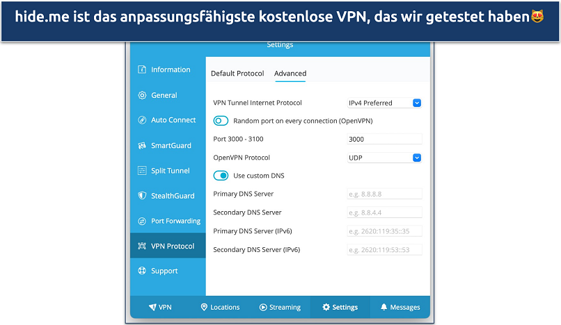 Screenshot mit den anpassbaren Sicherheitsfunktionen von hide.me