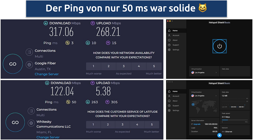 Screenshots of speed tests alongside the Hotspot Shield app
