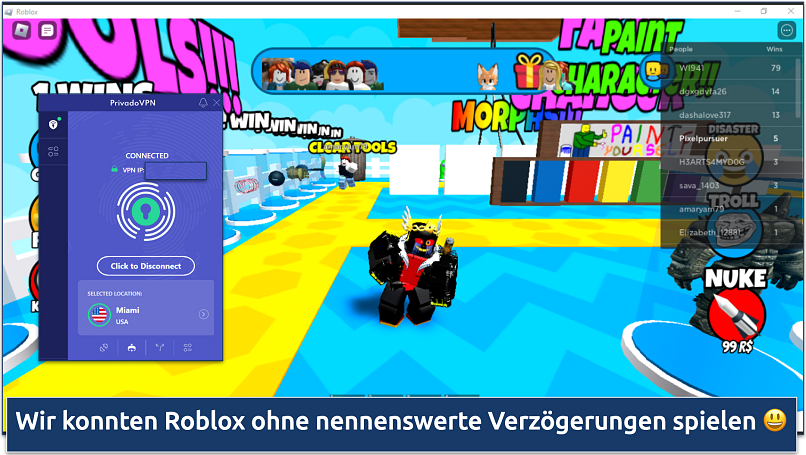 Screenshot eines Roblox-Gameplays mit Privado VPN verbunden mit einem Server in Miami
