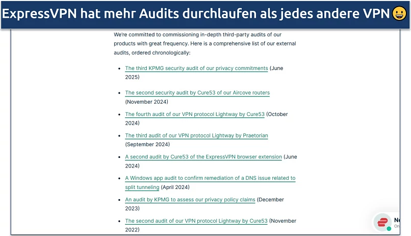 Screenshot of ExpressVPN's website showing its independent audits list