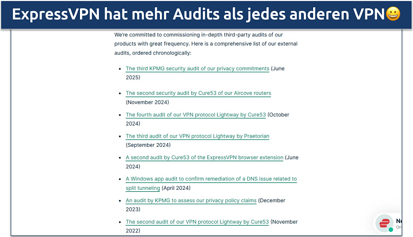Bildschirmaufnahme der Website von ExpressVPN, die eine Liste mit den unabhängigen Audits zeigt