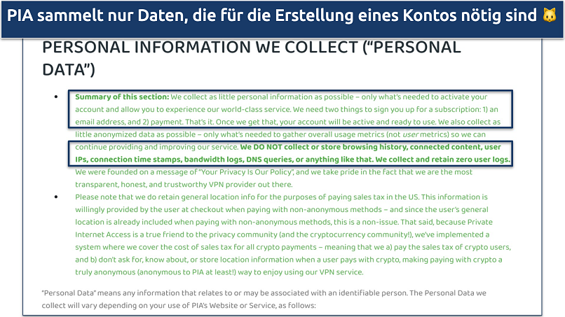 Screenshot von PIAs Datenschutzrichtlinie, die zeigt, welche Daten gesammelt werden