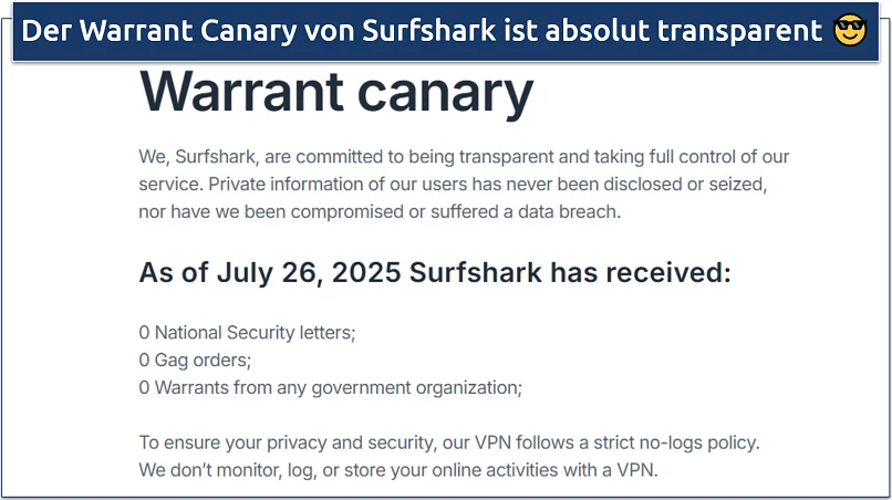 Screenshot of Surfshark's warrant canary