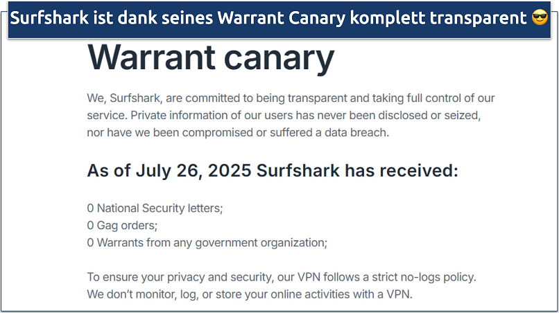 Screenshot von Surfsharks Warrant Canary