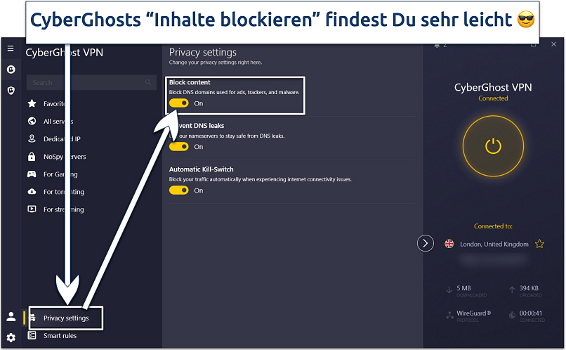 Das Bild zeigt die Datenschutzeinstellungen von CyberGhost, wobei die Funktion zum Blockieren der Inhalte in den Datenschutzeinstellungen hervorgehoben ist