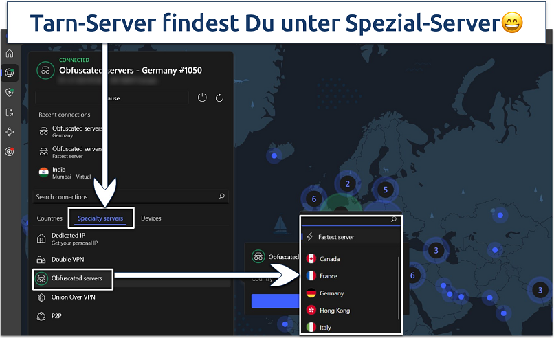 Das Bild zeigt die Tarn-Server, die in der Benutzeroberfläche der NordVPN-App hervorgehoben sind