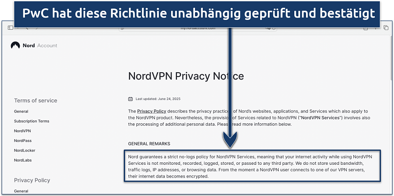 Screenshot of NordVPN's Privacy Notice highlighting its no-logs policy