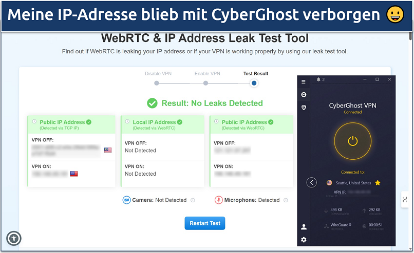 Screenshot of the results of an IP leak test with a CyberGhost connection showing no leaks detected