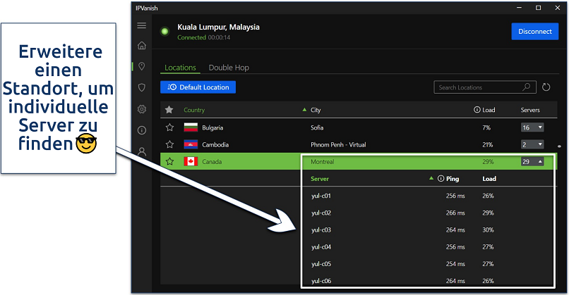 Screenshot of the IPVanish Windows app with an active connection and showing its individual servers under a single location