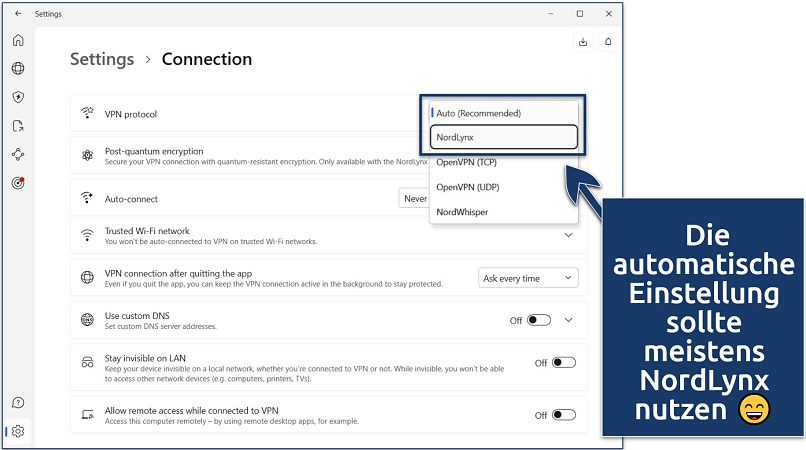 Screenshot of the NordVPN Windows app with its Connection Settings page and VPN protocol selection