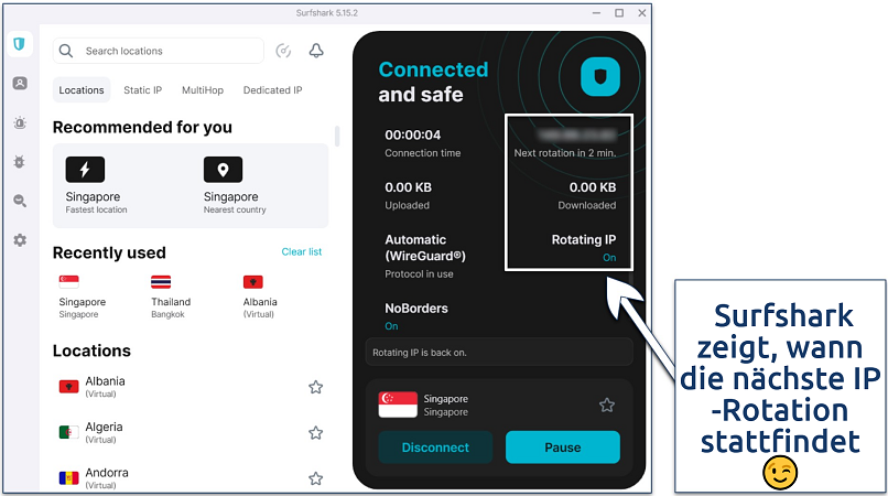 Screenshot of the Surfshark Windows app with an active connection using the Rotating IP feature