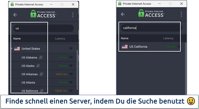 Screenshot of Private Internet Access' Windows app highlighting how to use the server search bar