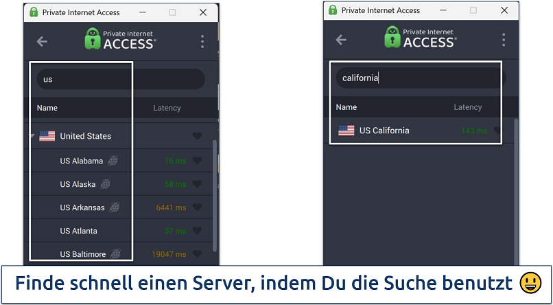 Screenshot of Private Internet Access' Windows app highlighting how to use the server search bar